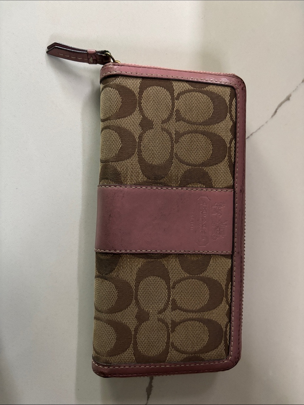 Coach Brown Signature Canvas Wallet with Pink Trim